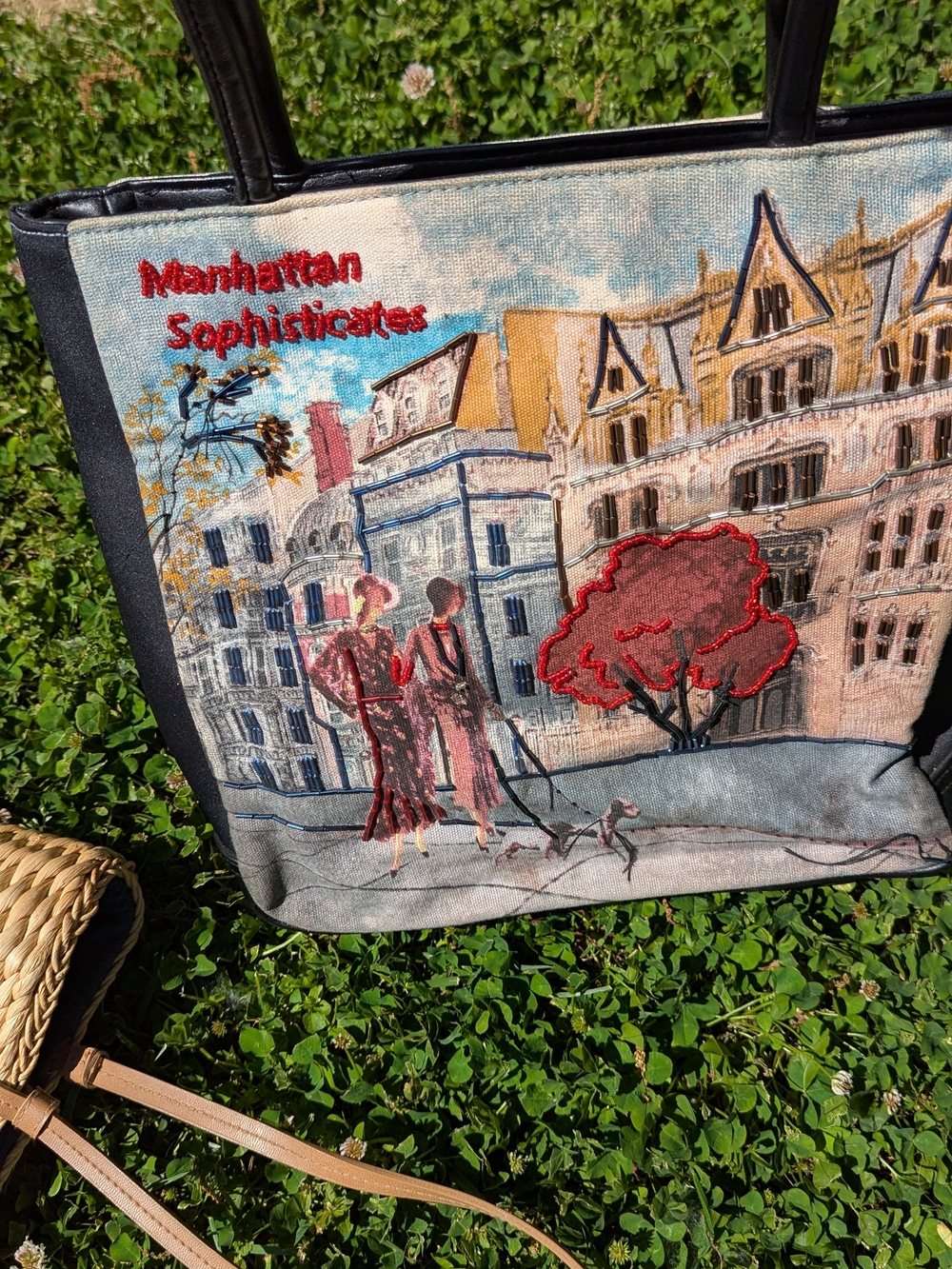 Embroidered Cityscape Tote - Red/Black Accents